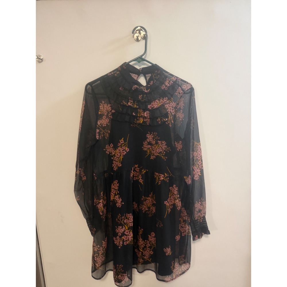 Who What Wear Black Floral Chiffon Ruffle High Neck Mini Dress Small Long Sleeve